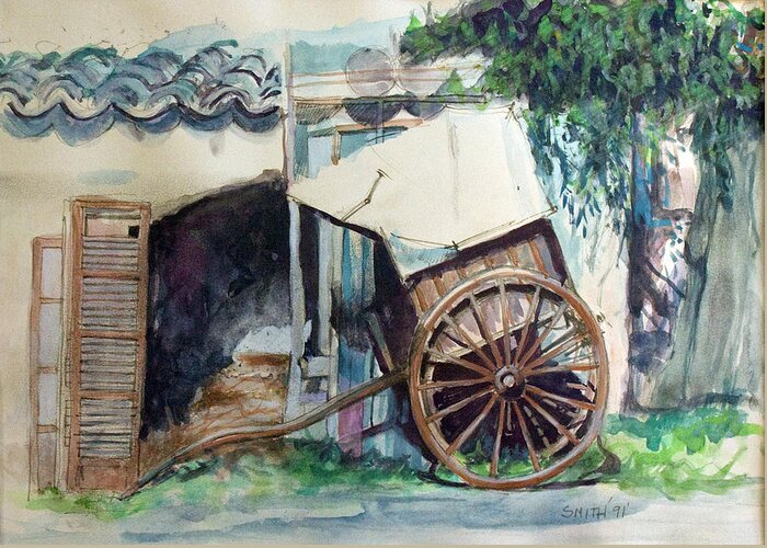 Cart Buildings Farmhouse Greeting Card featuring the painting Majorcan outbuildings by Tom Smith