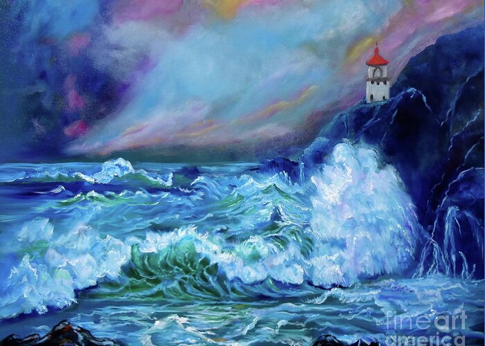 Seascape Greeting Card featuring the painting Makapuu Light House by Jenny Lee