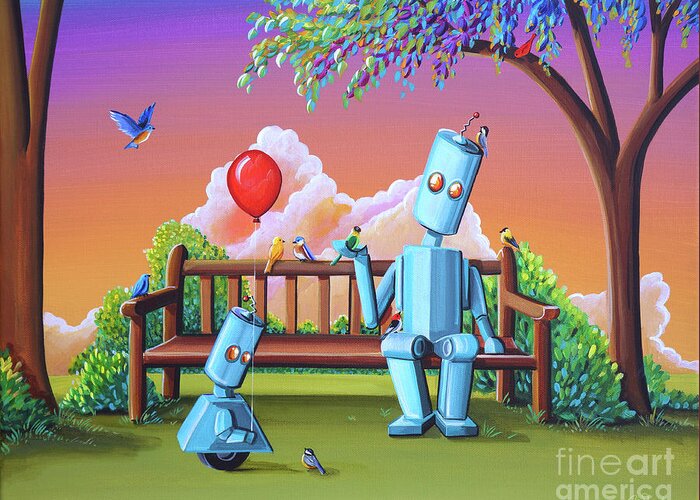 Robots Greeting Card featuring the painting Making Friends by Cindy Thornton