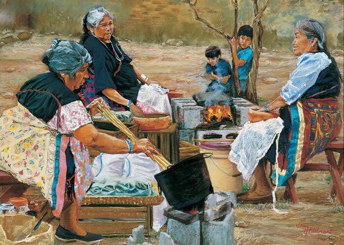 Native American Greeting Card featuring the painting Making Piki Bread by Jean Hildebrant