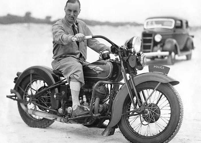 1 Person Greeting Card featuring the photograph Malcolm Campbell On A Harley by Underwood Archives