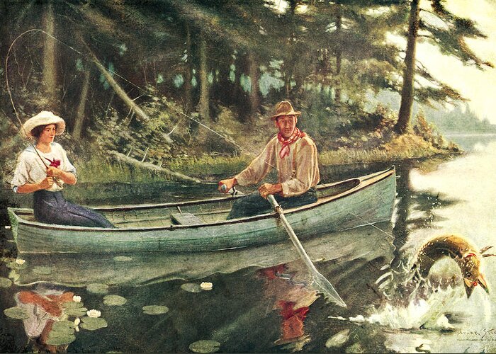 Frank Stick Greeting Card featuring the painting Man and Woman Fishing by JQ Licensing