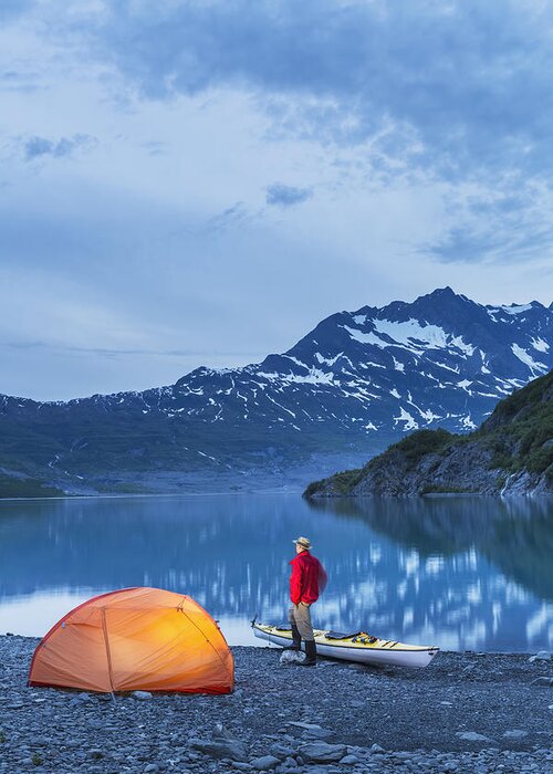 Alaska Greeting Card featuring the photograph Man Camping With A Tent And Kayak by Kevin Smith