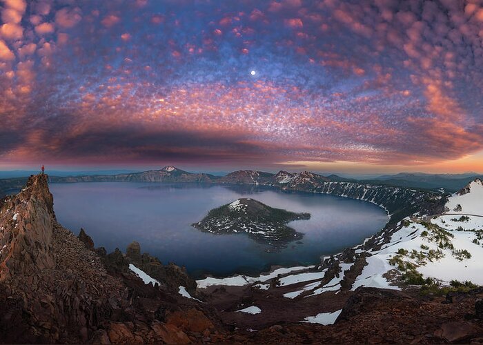Crater Greeting Card featuring the photograph Man on hilltop viewing Crater Lake with full moon by William Lee