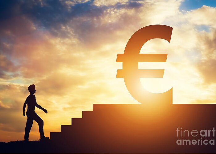 Man Greeting Card featuring the photograph Man standing in front of stairs with euro sign on top by Michal Bednarek