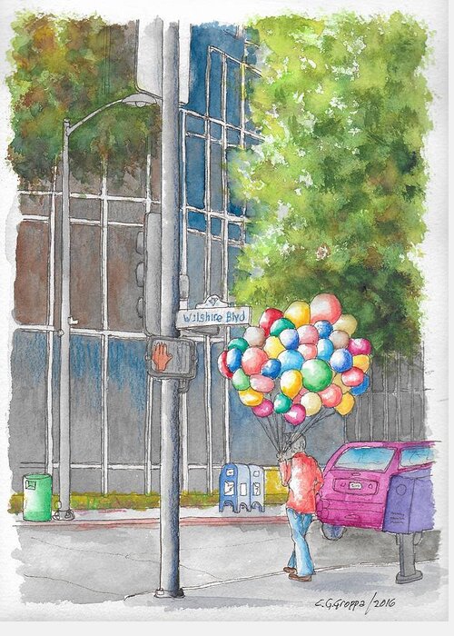 Man With Balloons Greeting Card featuring the painting Man with balloons in Wilshire Blvd., Beverly Hills, California by Carlos G Groppa