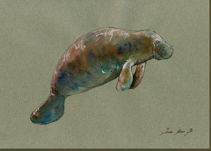 Manatee Greeting Card featuring the painting Manatee watercolor art by Juan Bosco