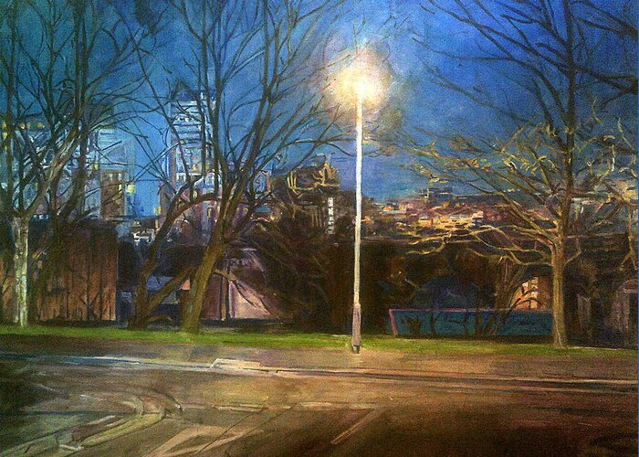 Manchester Street Lamp Bright Light Bare Trees Winter Blue Sky Buildings In Background Greeting Card featuring the painting Manchester Street With Light And Trees by Rosanne Gartner