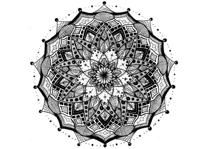 Mandala Greeting Card featuring the drawing Mandala #15 - Shades of Beauty by Eseret Art