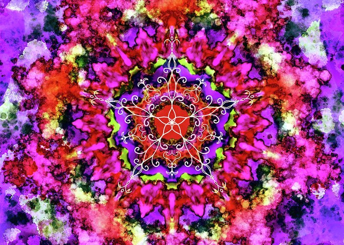 Purple Mandala Greeting Card featuring the digital art Mandala Floral Red Purple by Patricia Lintner