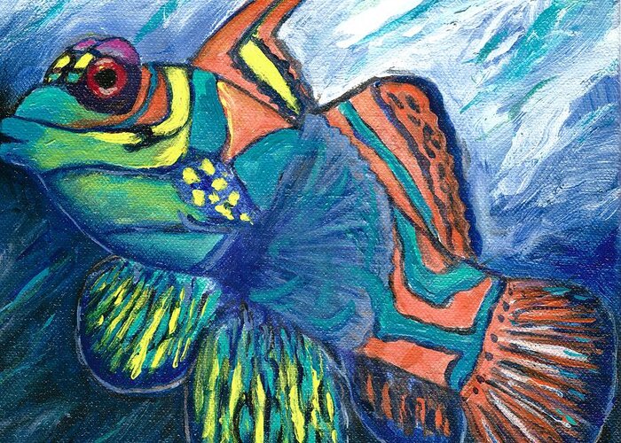 #fish #mandarinfish #colorfulfish #ocean #water #underwater #aquarium #childrensroom #office #lobby Greeting Card featuring the painting Mandarinfish by Allison Constantino