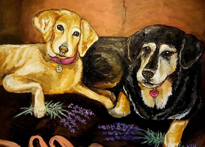 Dogs Greeting Card featuring the painting Mandys Girls by Alexandria Weaselwise Busen