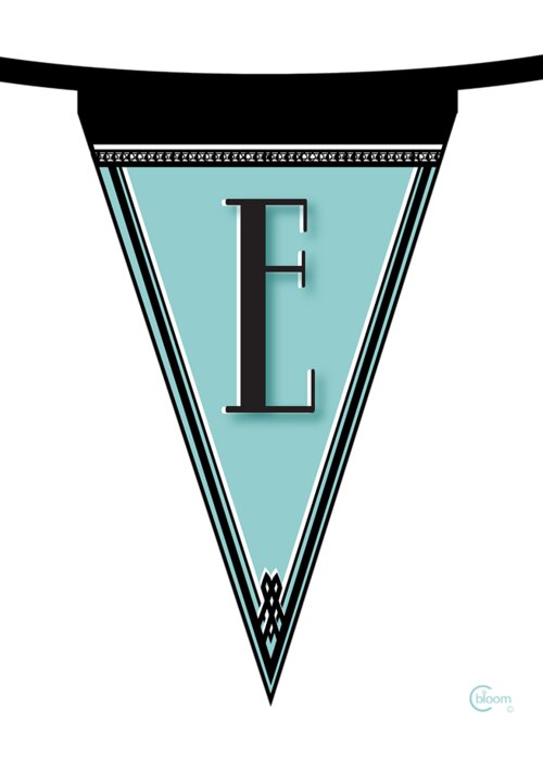 Banner Greeting Card featuring the digital art Pennant Deco Blues Banner initial letter E by Cecely Bloom
