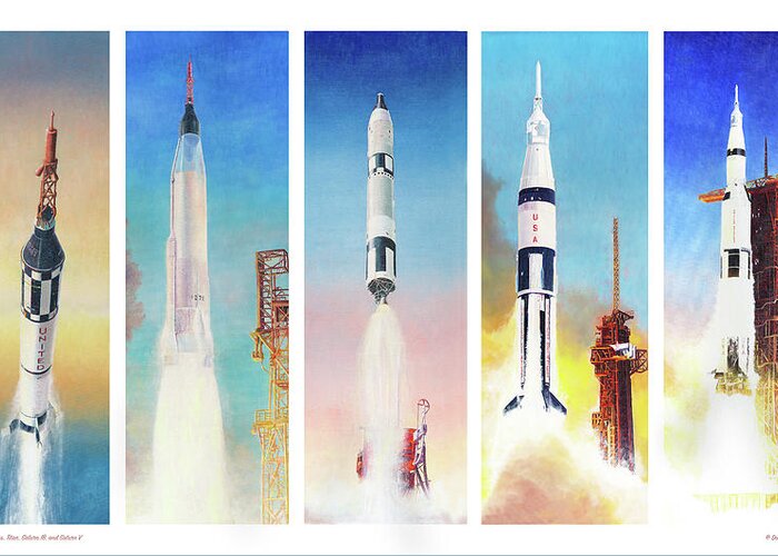 Nasa Greeting Card featuring the painting Manned NASA Booster Rockets of the 1960's by Douglas Castleman