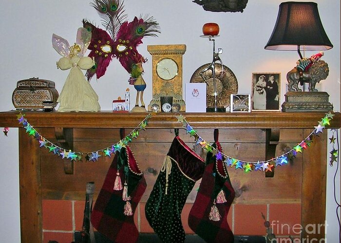 Feather Mask Greeting Card featuring the photograph Mantel With Mask by Rosanne Licciardi
