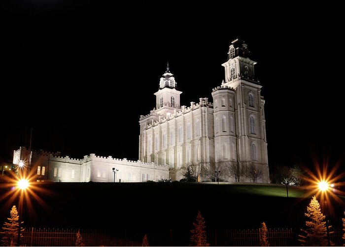 Trees Greeting Card featuring the photograph Manti Temple at Night by K Bradley Washburn