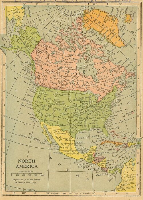Map Greeting Card featuring the digital art Map North America 1909 by Digital Art Cafe