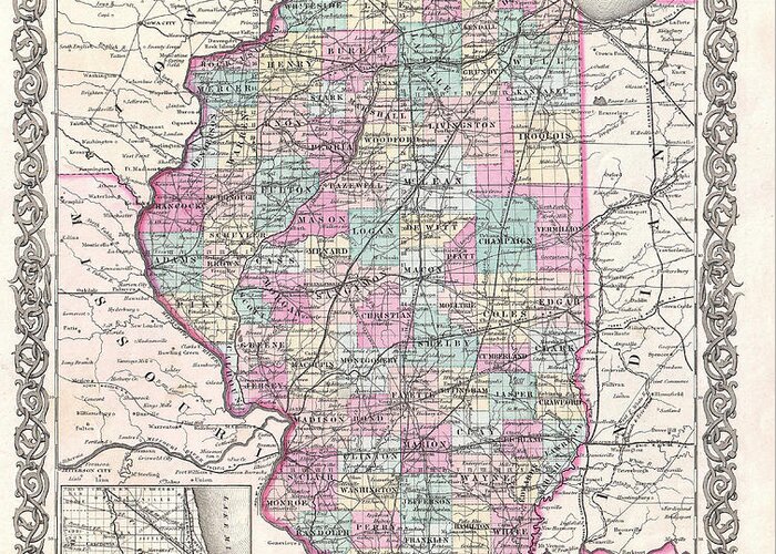 Joseph Hutchins Colton Greeting Card featuring the drawing Map of Illinois by Joseph Hutchins Colton