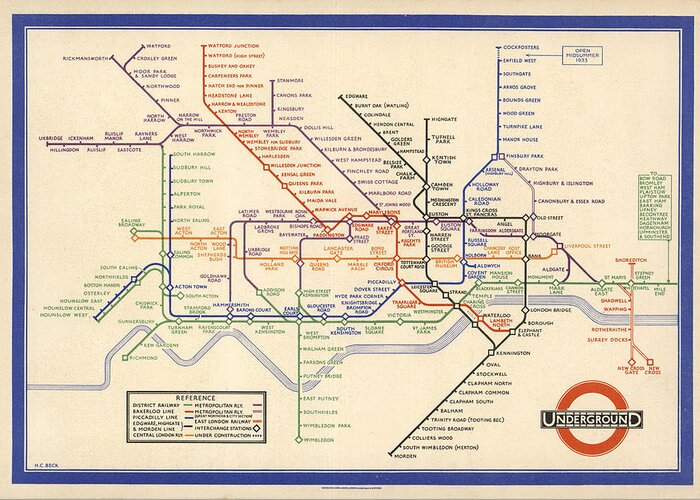 Map Of The London Underground Greeting Card featuring the drawing Map of the London Underground - London Metro - 1933 - Historical Map by Studio Grafiikka