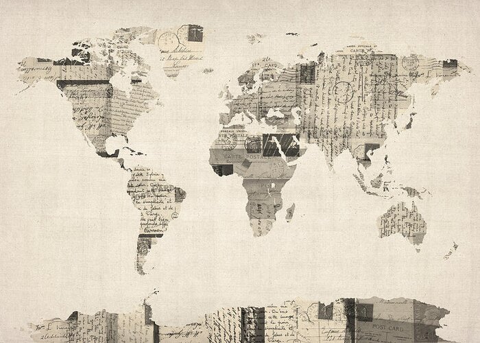 World Map Greeting Card featuring the digital art Map of the World Map from Old Postcards by Michael Tompsett