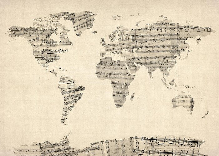 World Map Greeting Card featuring the digital art Map of the World Map from Old Sheet Music by Michael Tompsett