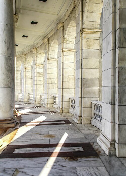 Arlington Cemetery Memorial Amphitheater Amphitheatre Washington Dc Military Graveyard Ceremonial Marble Stone Arch Arches Archways Columns Sunlight Silence Greeting Card featuring the photograph Marble Sunlight and Silence by Ross Henton
