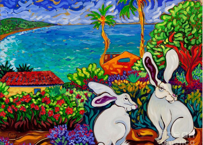 Hare Greeting Card featuring the painting March Hares by Cathy Carey