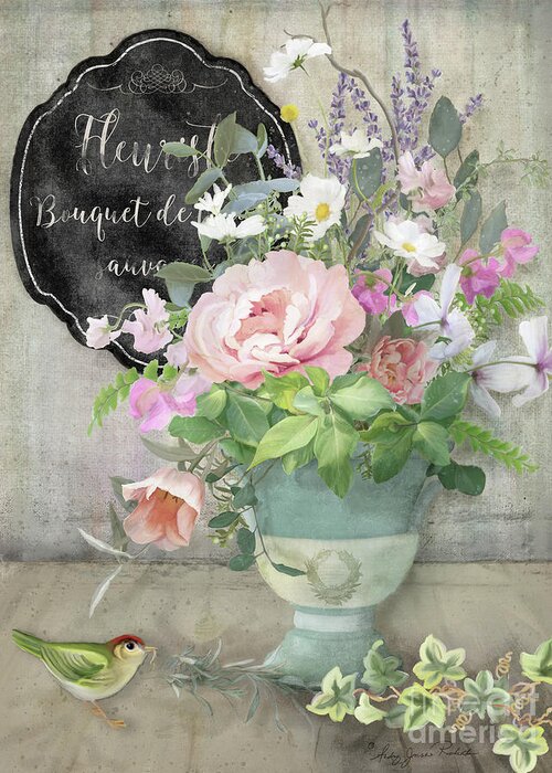 Marche Aux Fleurs Greeting Card featuring the painting Marche aux Fleurs 3 Peony Tulips Sweet Peas Lavender and Bird by Audrey Jeanne Roberts