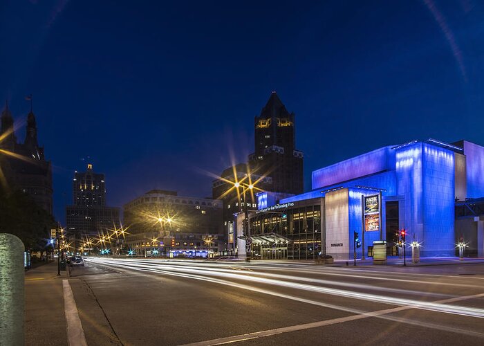 Marcus Center For Performing Arts Greeting Card featuring the photograph Center for Performing arts building at dusk in Milwaukee by Sven Brogren