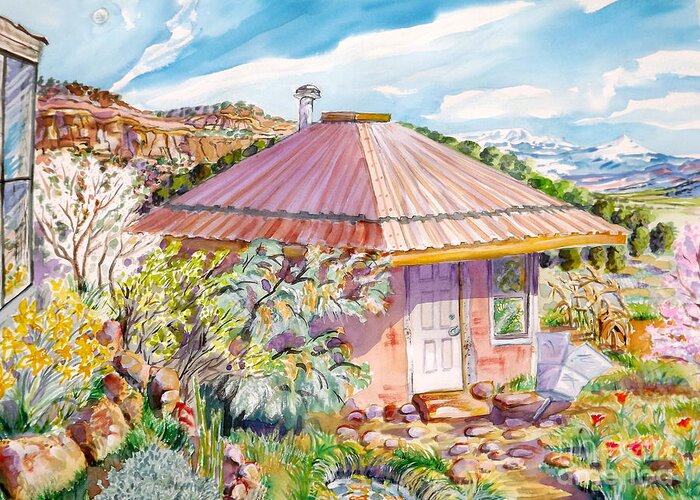  Copy Of Plein Air Watercolor Paradox Valley Colorado Utah Border Region South West. Desert And Agricultural Part Of The Great Salt Dome Geologic Area Which Also Is Part Of Arches National Park In Utah. San Juan Mountains Seen In Distance Greeting Card featuring the painting Marie's Straw bale house by Annie Gibbons