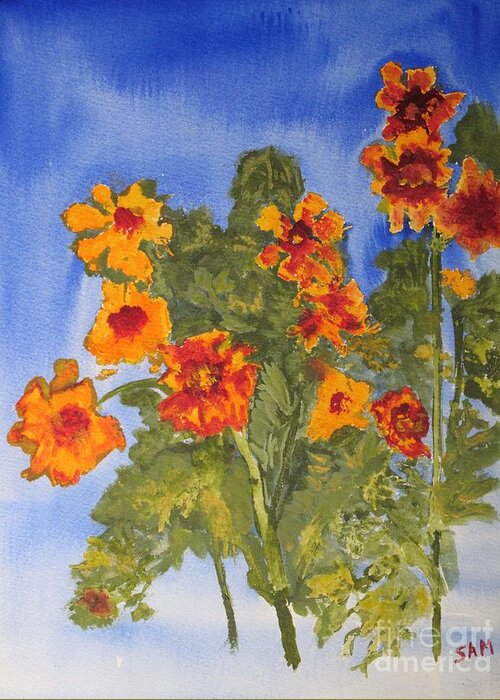 Marigold Greeting Card featuring the painting Marigolds by Sandy McIntire