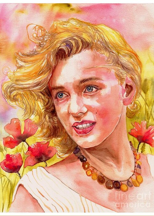 Marilyn Monroe Greeting Card featuring the painting Marilyn Monroe with poppies by Suzann Sines