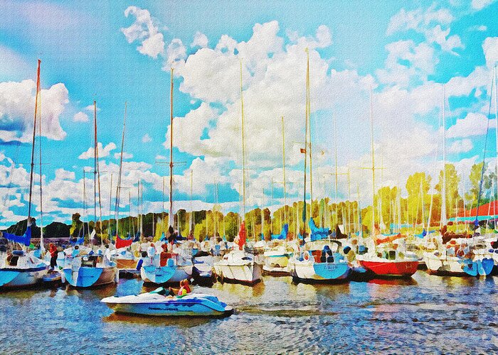 Marina Greeting Card featuring the mixed media Marina in the summertime by Tatiana Travelways