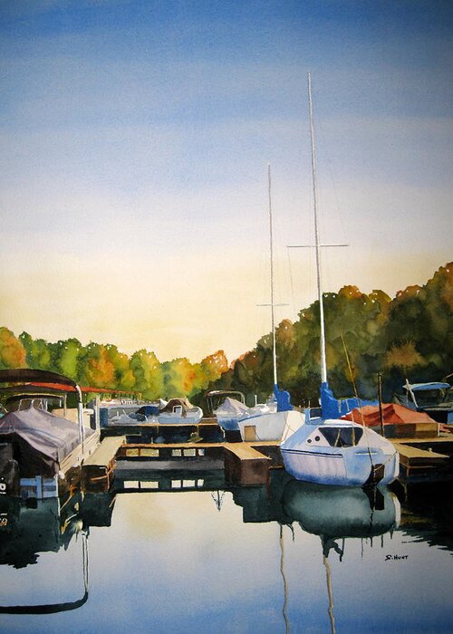 Landscape Greeting Card featuring the painting Marina Morning by Shirley Braithwaite Hunt