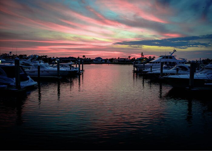 Sunset Greeting Card featuring the photograph Marina Sunset - 5804a by Debra Kewley