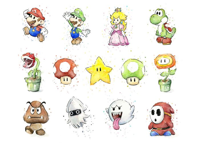 Mario Greeting Card featuring the painting Mario Characters in Watercolor by Olga Shvartsur