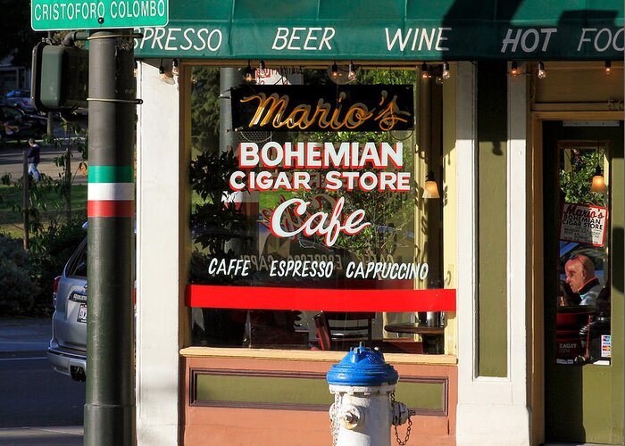 Bonnie Follett Greeting Card featuring the photograph Mario's Bohemian Cigar Store Cafe by Bonnie Follett