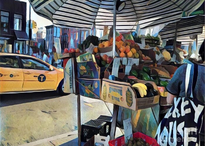 Market Greeting Card featuring the photograph Market Day in New York - Fruitstand Umbrella and Taxi by Miriam Danar