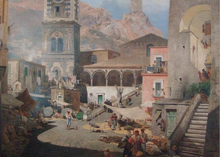 Oswald Achenbach  Market Square In Amalfi Greeting Card featuring the painting Market Square in Amalfi by MotionAge Designs