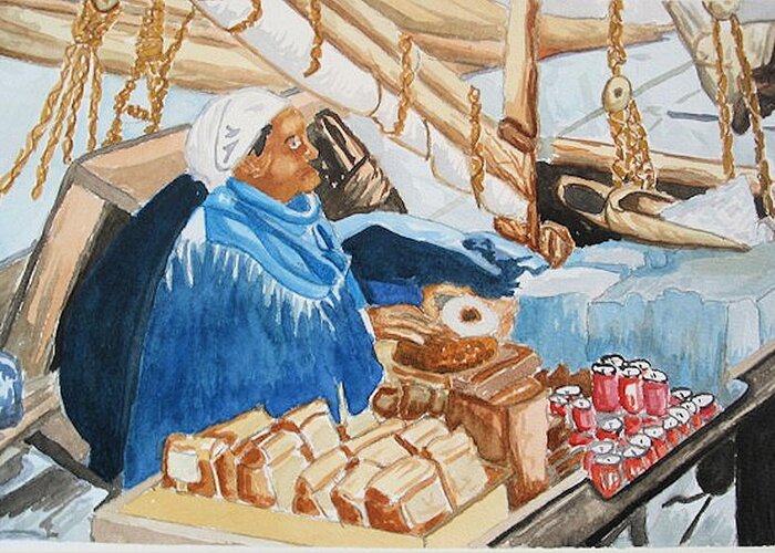 Woman Greeting Card featuring the painting Market Woman on Dock by Gerald Carpenter