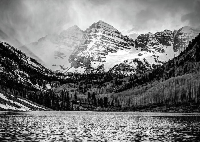 America Greeting Card featuring the photograph Maroon Bells Cloudy Mountain Landscape - Black and White Wall Art by Gregory Ballos