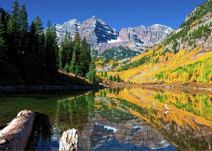 Maroon Bells Maroon Lake Aspen Colorado Rocky Mountains Landscape Colorado Western Landscapes Autumn Foliage Reflection Pond Greeting Card featuring the photograph Maroon Bells Glory 2 by John Hoffman