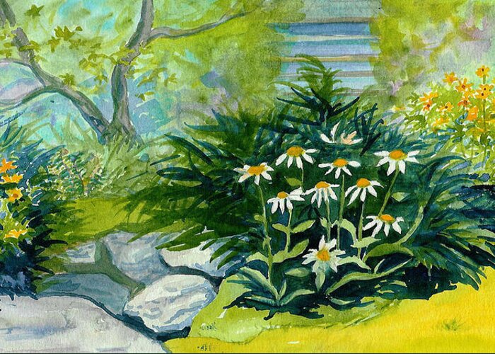 Daisy Greeting Card featuring the painting Martha's Backyqard by Anne Marie Brown