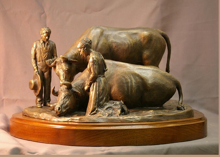 Bronze Greeting Card featuring the photograph Mary Feilding Smith praying for her ox bronze sculpture by Kim Corpany