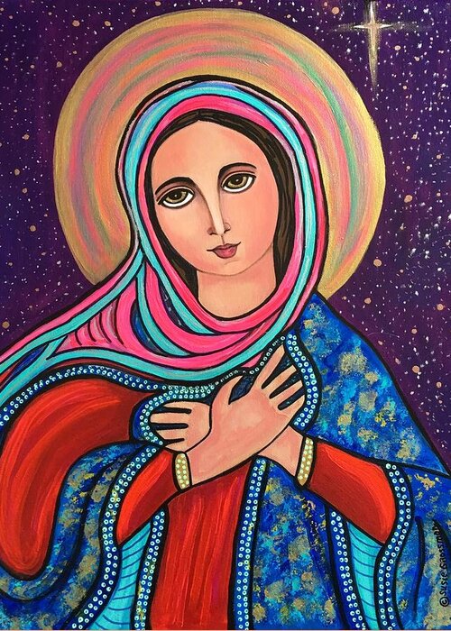 Mary Mother Of Mercy Virgin Mary Blessed Virgin Madonna Stars Halo Heavens Veil Christian Art Greeting Card featuring the painting Mary, Mother of Mercy by Susie Grossman