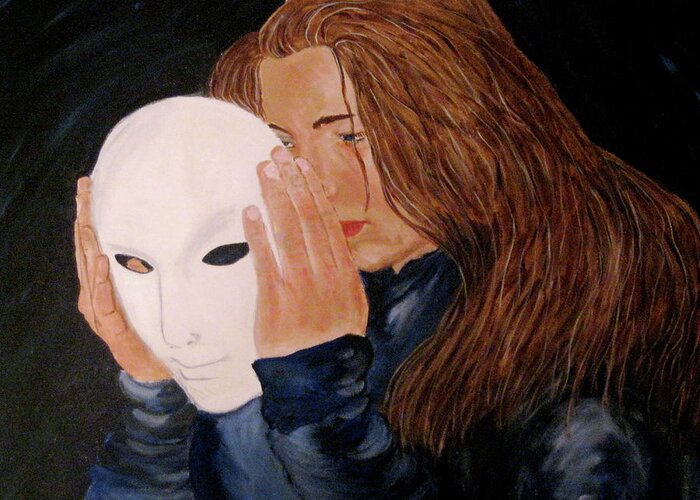 Mask Greeting Card featuring the painting Masked by Rebecca Wood