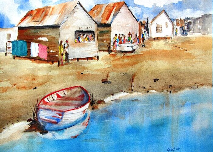 Beach Greeting Card featuring the painting Mauricio's Village - Beach Huts by Carlin Blahnik CarlinArtWatercolor