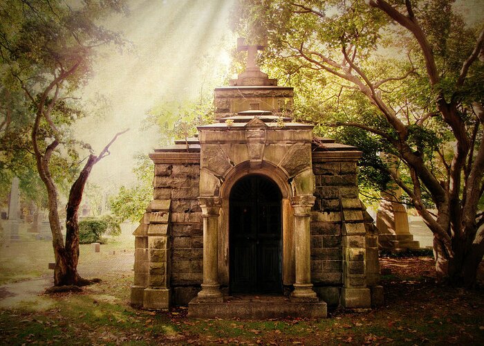 Woodlawn Cemetery Greeting Card featuring the photograph Mausoleum by Jessica Jenney