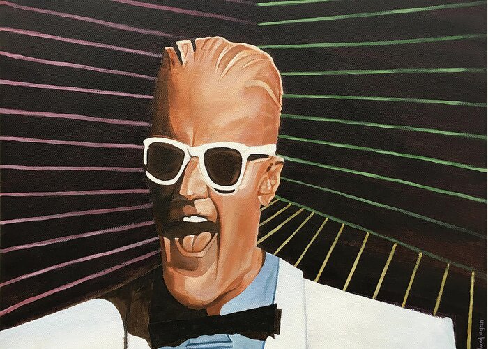 Max Headroom 80s Pop Art Ai Artificial Intelligence Mike W Morgan Art Old School Mtv Michael W. Tv Video Videos Pop Paranoimia The Art Of Noise Painting Paranoia Acrylic Drawing Laughing Laugh Robot Sundef Color Colors Lines Shades Glasses Bowtie Suit Cool Rad Greeting Card featuring the painting Max Headroom by Michael Morgan