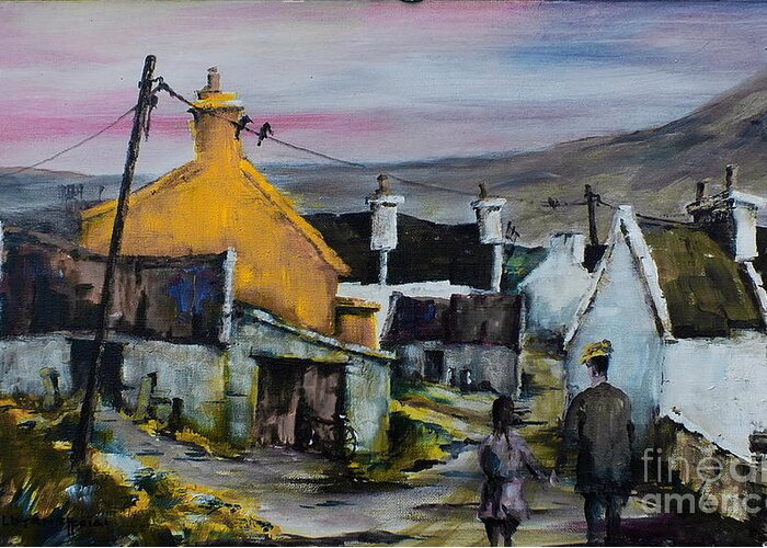  Greeting Card featuring the painting Mayo.. Achill.. Evening Stroll in Dugort by Val Byrne